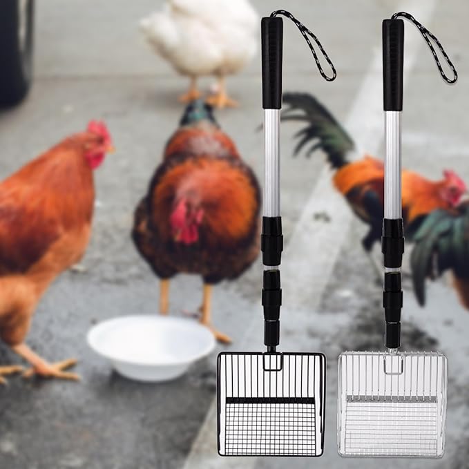 MOTUZP Chicken Poop Scooper Chicken Coop Rake Large Metal Chicken Coop Cleaning Tools 3-in-1 Stretchable Chicken Poop Scooper (22 to 42 in) for Chicken Coop Cleaning Supplies (Black)