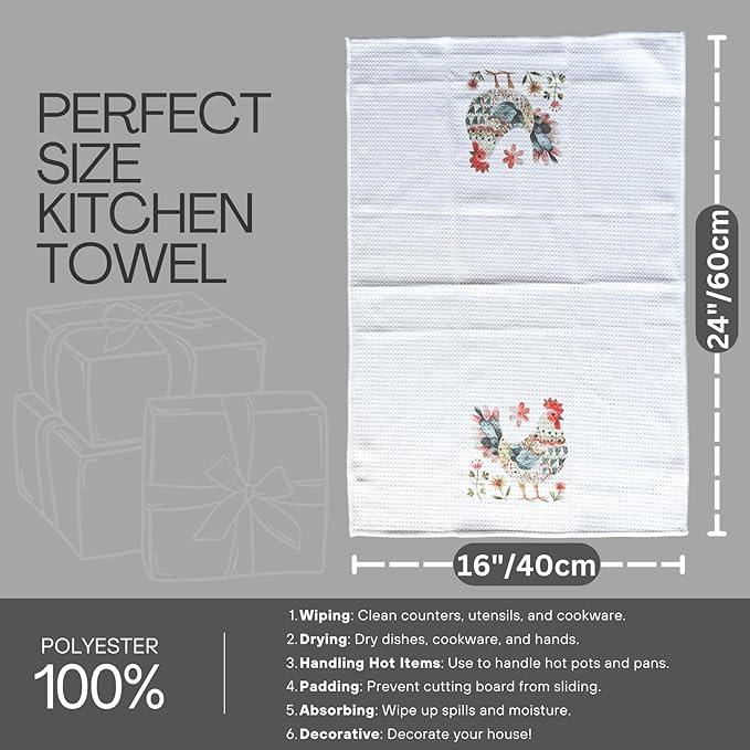 InnoBeta Chicken Gifts, Kitchen Towel 2 Pack with Funny Chicken Design, 16x24 in Microfiber Dish Tea Towel, Hand Towel, Chicken Farmhouse Decor Stuff Gifts for Chicken Lovers - White