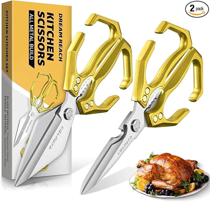 Dream Reach Kitchen Scissors Heavy Duty Kitchen Shears for Food, Meat Scissors Dishwasher Safe, Poultry Shears Set for Turkey, Meat, Seafood, Bone Cutting - Christmas Gifts for Men (Golden)