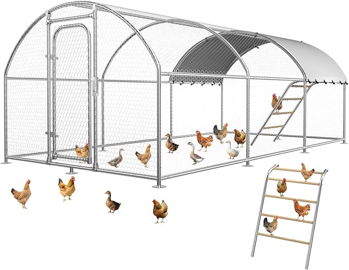 Chicken Coop with Roosting Perch, Large Metal Chicken Run Poultry Cage with Water-Resident and Anti-UV Cover for Duck Rabbit House Walk-in Chicken Pen for Yard, Dome Roof(10’ W x 19.7’ L x 6.4’ H)
