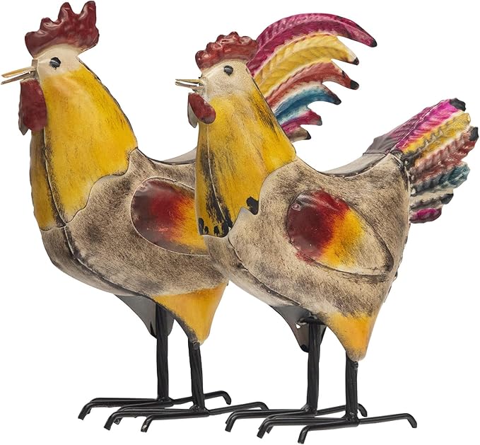MODE HOME Set of 2 Rustic Metal Rooster & Hen Figurines, Hand-Painted Farmhouse Chicken Decor, Waterproof Indoor Outdoor Yard Garden Statues for Kitchen, Patio & Home Decor