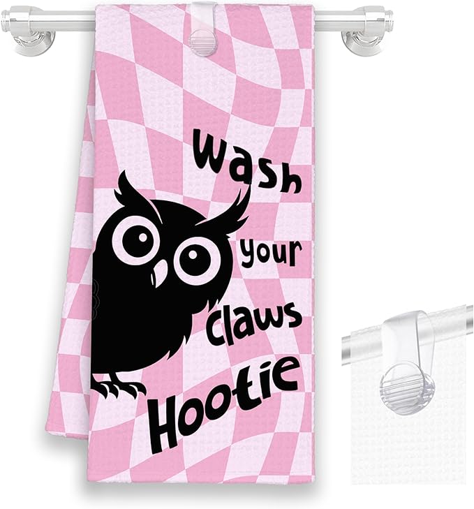 Cute Owl Pink Bathroom Kitchen Towels, Wash Your Claws Hand Towel for Girly Room, Funny Gifts for Owl Lovers, Trendy Preppy Checkered Dish Towels Decor for Dorm Home 16x24in