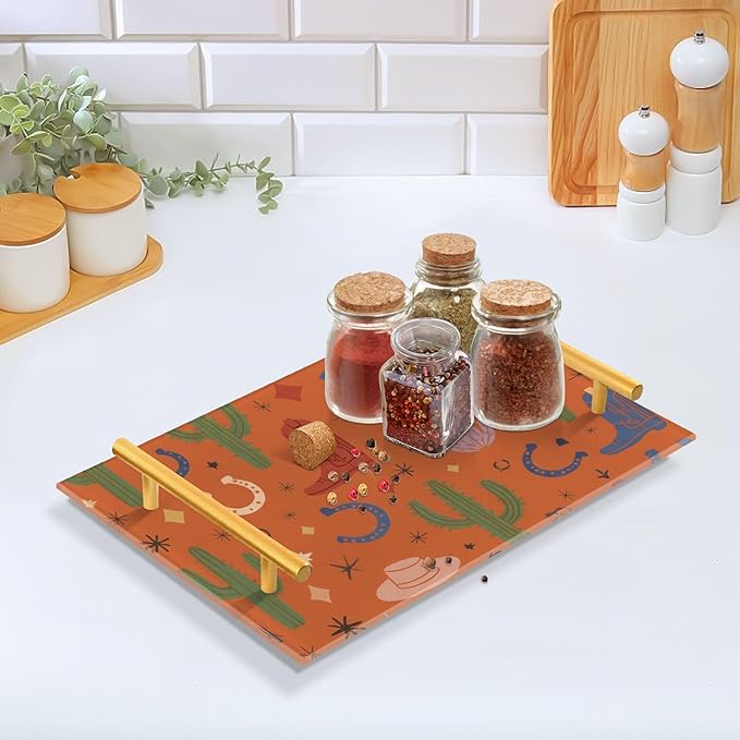 Bathroom Vanity Tray Counter Organizer, Western Desert Elements Pattern Decorative Tray with Handles Countertop Storage for Bathroom Bedroom Kitchen Home Farmhouse