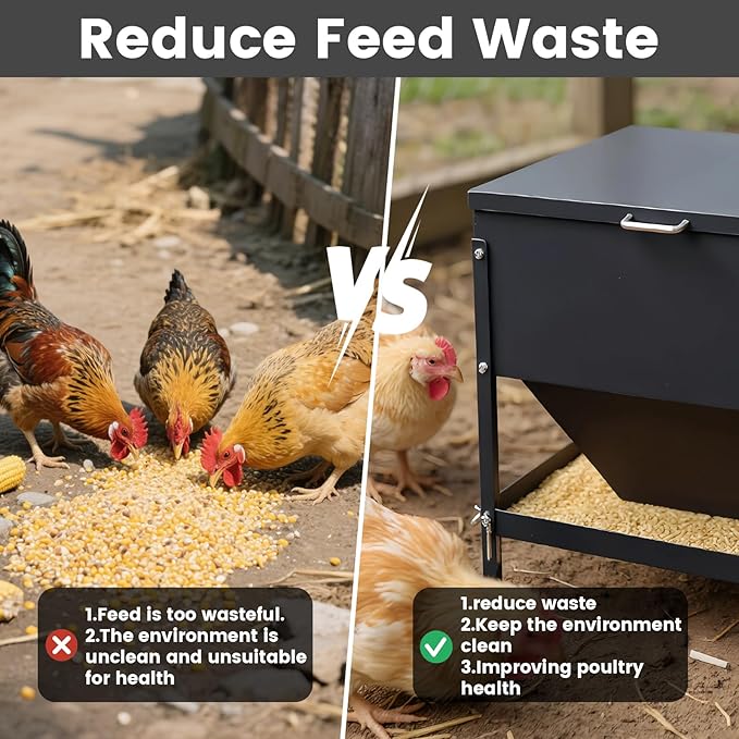 All Metal Chicken Feeding with Waterproof Lid and Handle，Adjustable 80 lbs Large Capacity No Waste Portable Automatic Chicken Feeder,for Chickens and Duck Poultry and Other Birds