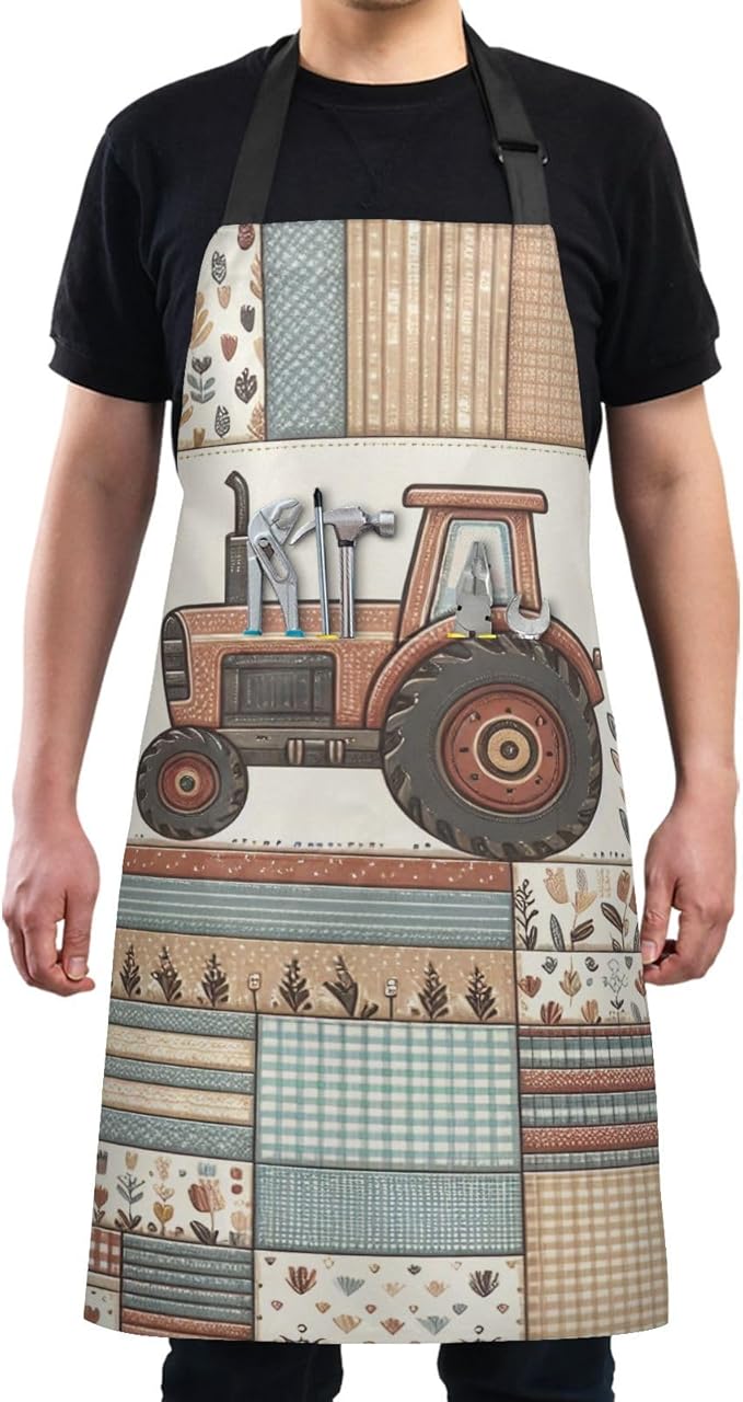 Vintage Checkered Farm Tractor Apron, Aprons for Women with Pockets - Adjustable Apron for Men Cooking Gardening Baking