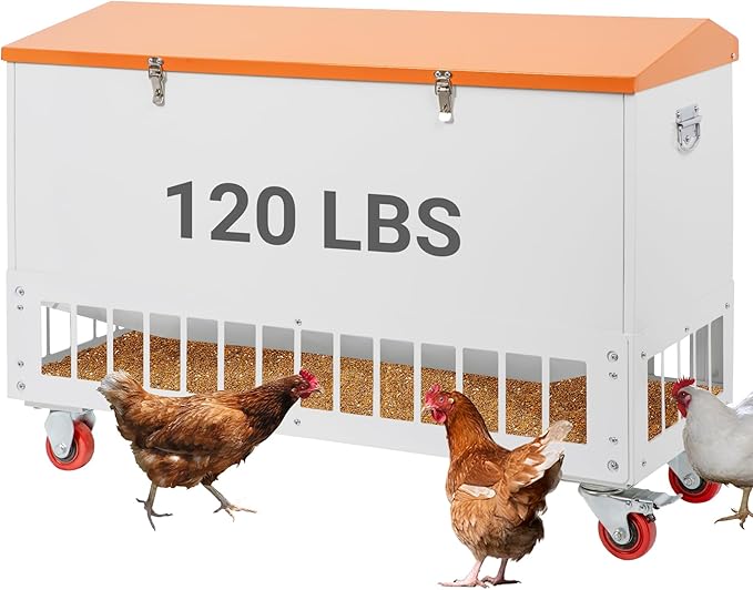 Chicken Feeder with Grille & Wheels, No-Waste 120LBS Capacity Feeder w/ 22 Ports for 20 Chickens, Powder-Coated Steel Feeder w/Waterproof Lid, 37.6”x14.6”x26.2”