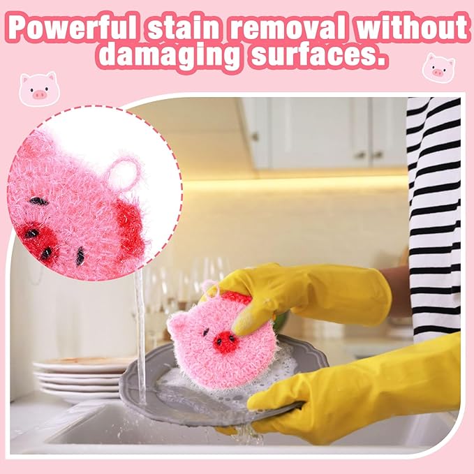 6 Piecs Cute Pig Shape Dish Sponge Dual Sided Non Scratch Pig Dish Washing Scrubbers, Reusable Household Cleaning Kitchen Tools for Dishwashing Washing Dishes Cookware