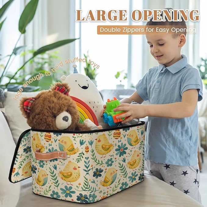Storage Cubes with Lid Fabric Storage Bins Boxes PU Leather Handles, Farmhouse Chicken Closet Organizer Container Foldable Washable Shelf Cloth Basket, Vintage Farm Chicken