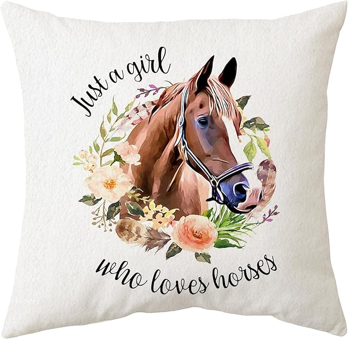 Sidhua Horse Themed Pillowcase Decorations for Home, Just A Girl Who Loves Horses Throw Pillow Cover 18"x18", Horse Lover and Rider Gifts for Girls