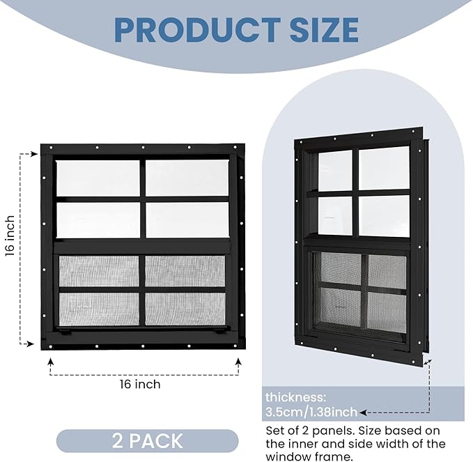 COLORPAPA 2 Pack Shed Windows,16" x 16" Flush Mount Small Window,Sliding Windows with Tempered Glass and Fiberglass Screen Shed, Chicken Coop, Playhouse, Household, Garage, Barns (Black)