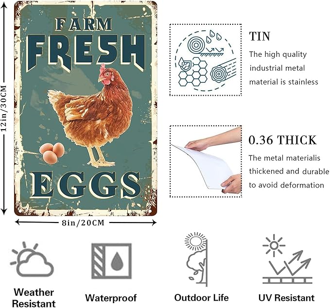 Vintage Chicken Coop Metal Signs - Farm Fresh Eggs Chicken Tin Sign, Funny Metal Signs Accessories Outdoor Home Wall Decor 8x12 inch