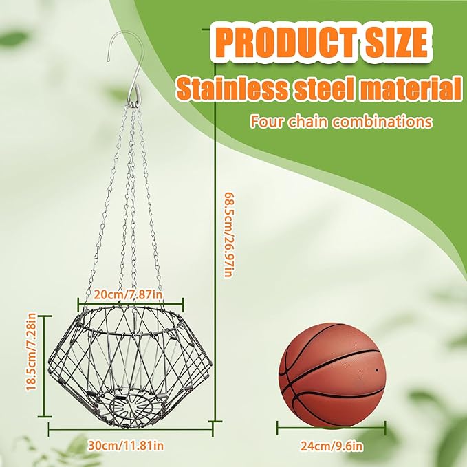 Hanging Chicken Feeder Accessories,11.81IN Large Foldable Chicken Vegetable Treat Holder Basket with 4Pcs Hanging Chain,Sturdy Poultry Feeding Cabbage Ball Boredom Toys for Chicken Coop(X-Large)