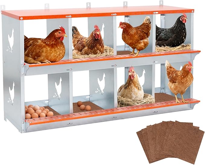 Chicken Nesting Box, 8 Compartment Metal Nesting Boxes for Chickens, Wall Mountable Chicken Laying Boxes, Easy Egg Collection, with Nesting Pads, Indoor & Outdoor Use, 42.5" L x 17" W x 25" H