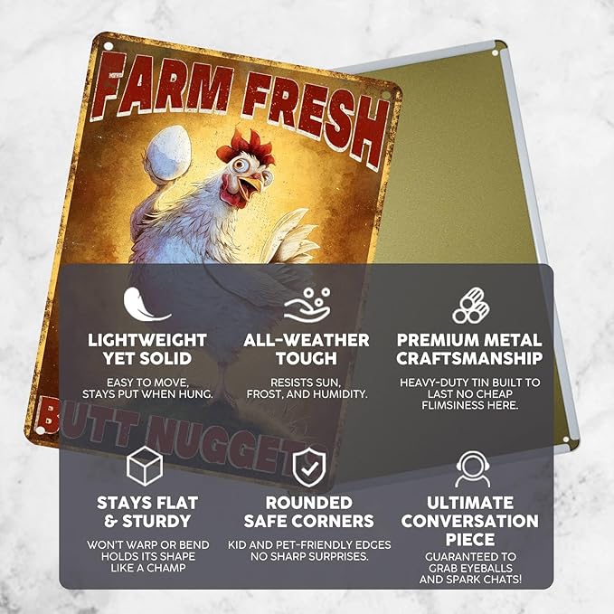 Vintage Chicken Tin Sign Farm Fresh Butt Nuggets Retro Metal Sign Funny Chicken Lovers Nostalgic Rustic Wall Decor For Home Farmhouse Coop Poultry House Kitchen Outdoor Yard 16 * 12In