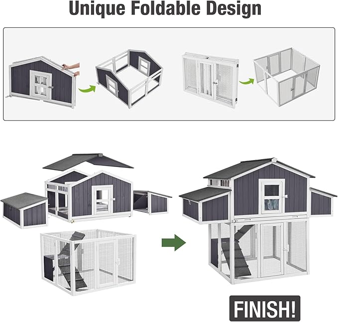 Large Chicken Coop with Unique Folding Design – Easy Assembly, Outdoor Hen House with 2 Nesting Boxes, Leakproof Pull-Out Tray, and UV-Resistant Roof (Black)