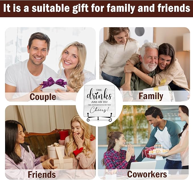 Funny Bar Sign, Wedding Gifts for New Couple Colleagues Friends Family, 5 Inch Rustic Wooden Plaques for Bar Table Decor, The Drinks Are On Us Sign - A16