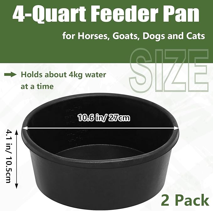 Sadnyy 2 Pcs 4 Quart/ 1 Gallon Rubber Feeder Pan, Rubber Feed Pan Utility Horse Feed Bucket Dog Bowl Horse Feeder for Cats Dogs Goats Chicken Dust Bath Container Animal Feeding, 10.6 x 4.1 Inch