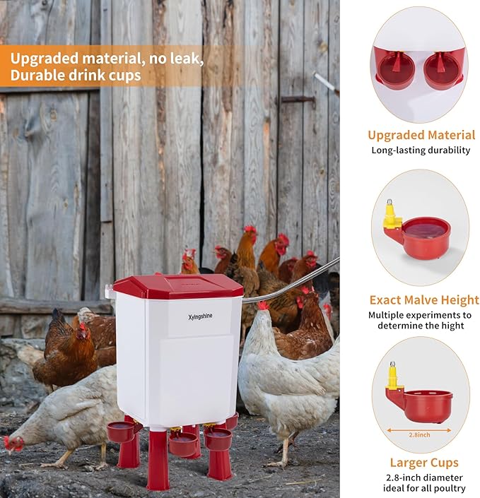 Float Automatic Chicken Drinker for Continuous Fresh Water, Standalone Chicken Drinker with 60 Inch Water Hose, Cleaning Tools,Suitable for Quail,Duck,Turkey and Other Poultry(2 Gallons, Red)