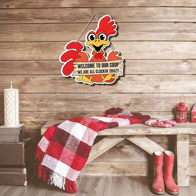 Farmhouse Chicken Coop Decor, Welcome to Our Coop Funny Rooster Sign, Cartoon Painting Style Wood Hanging Plaque, Rustic Farmhouse Wall Art for Porch Patio Barn or Chicken House, 11x10 Inches