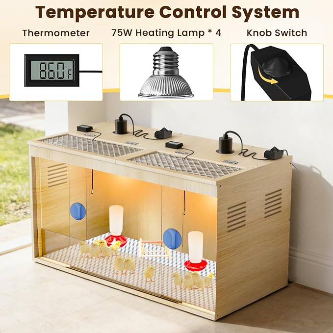 Brooder Box for Chicks, 32 Inch Wooden Large Chicken Brooder Box with 75W Heating Lamps, Thermometer, Chicken Feeder & Waterer Set, Tin Foil, Poultry Breeding Kit, for 12-15 Chicks Ducks Quail