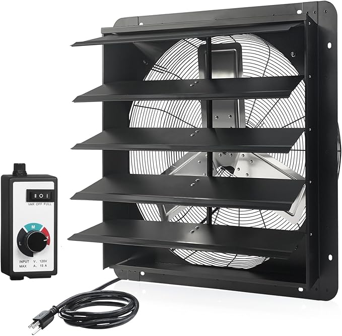VENTISOL 24 Inch Shutter Exhaust Fan, Wall Mounted Attic Fan with Power Cord, High Speed Vent Fan with Speed Controller 4250CFM, Automatic Household Ventilation Fan for Cooling, Garage, Shop, Black