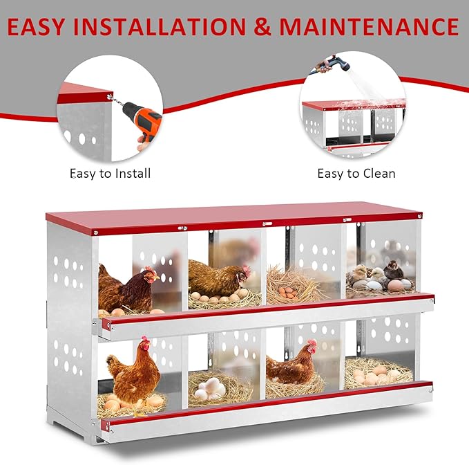Outvita Chicken Nesting Box, 8 Compartment Metal Nesting Box, 8 Room Wall Mountable Nesting Boxes for Hen, Red