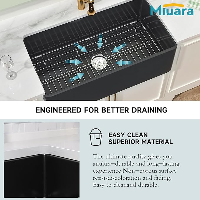 Miuara Black Farmhouse Sink 33 Inch - Large Apron Front Kitchen Sink Single Bowl 33"x18"x10", Undermount Installation, Farm House Style, Heavy Duty Solid Fireclay, Matte Black, for Kitchen