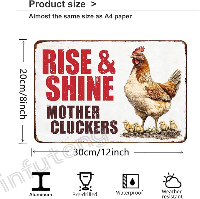 Vintage Chicken Decor Sign Rise And Shine Mother Cluckers for Home Chicken Coop Farm Fence Kitchen Bathroom Wall Decor 12x8 Inch