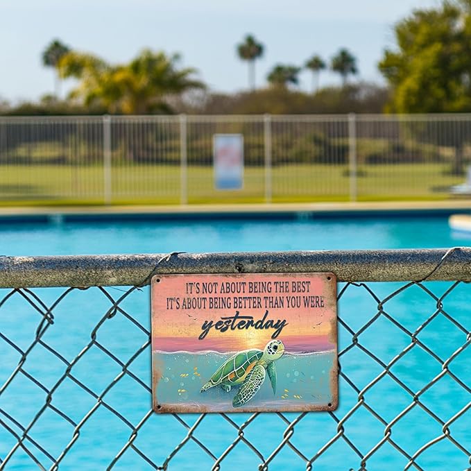 Sea Turtle Wall Art Decor Sea Turtle Metal Sign Poster It's Not About Being The Best Sign Funny Bathroom Ocean Sign Home Man Cave Beach Theme Wall Decor 12x8 Inch
