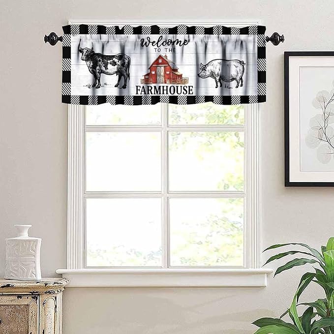 Farm Animals Valance Curtains Farmhouse Cow Pig Rustic Retro Wooden Board Black White Buffalo Check Art Print Rod Pocket Curtain Valance for Kitchen Bedroom Living Room Decor 1 Panel W54xL18 Inch