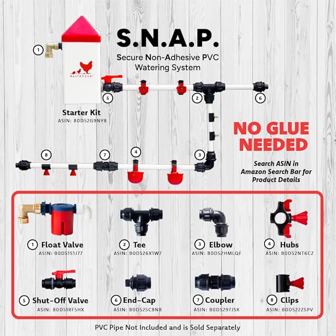RentACoop Glueless Float Valve Kit Compatible with S.N.A.P 1/2" Schedule 40 PVC Pipe Watering System for Chickens, Poultry, and Other Animals