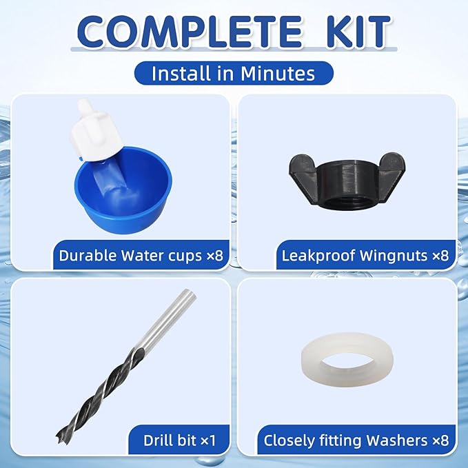 Chicken Waterer Cups,8 Packs Automatic Chicken Water Feeder Suitable for Chicks, Duck, Goose, Turkey and Bunny | Poultry Water Feeder Kit (Blue)