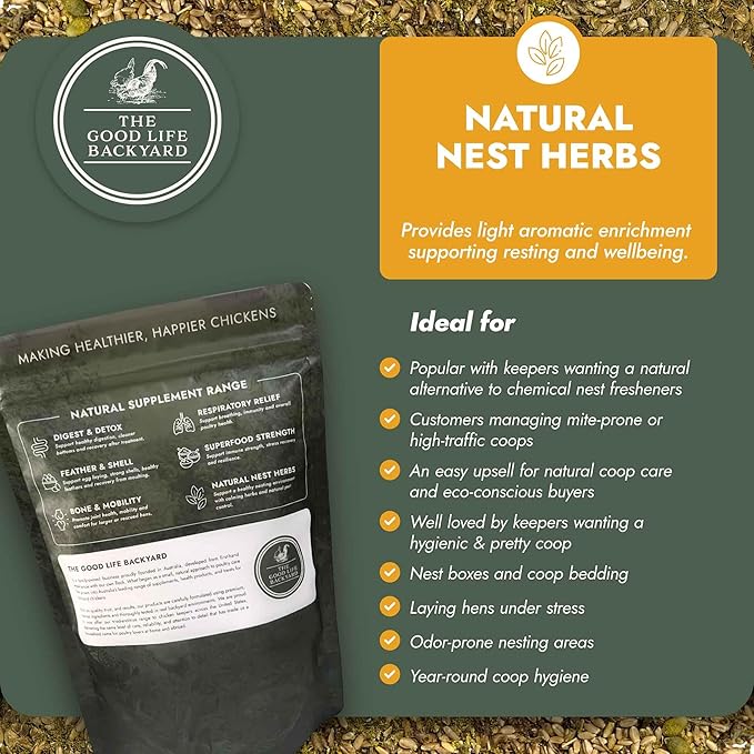 Good Life Backyard Natural Nest Herbs for Chickens – Herbal Nesting Box & Coop Bedding Blend for Freshness and Comfort (9 oz Resealable Pouch) | Hatching Time