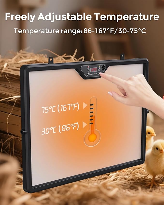 Smart Chicken Coop Heater with Thermostat, 180W Radiant Heat Panel, Adjustable Temp (86-167℉), Remote Control, Dual Sided Heating, Support Timer and Lighting, Coop Heater for Winter