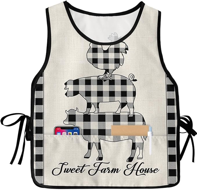 Unisex Cobbler Apron with 2 Pockets, Farm Animal Buffalo Plaid Cow Pig Chicken Waterproof Vest Kitchen Chef Apron, Smock Apron Vest Cobbler Aprons for Women Men, 1 Pack, 20” x 27.5”