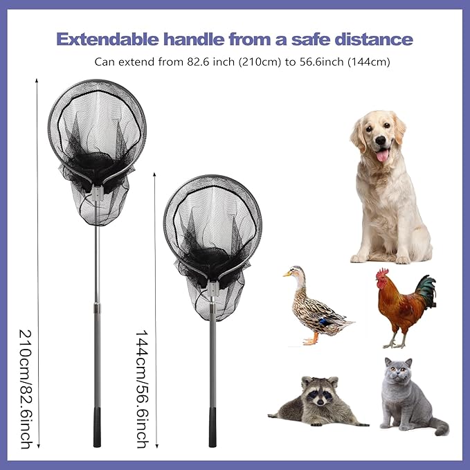 Animal Catcher Net, Dog Catching Net, Animal Catch Pole Tools for Poultry, Chicken, Feral Cat, Duck, Goose, Bird, Skunk, Bat, Fox, Raccoon, Guinea Fowl, Pigeon,Tuna and Small Animals