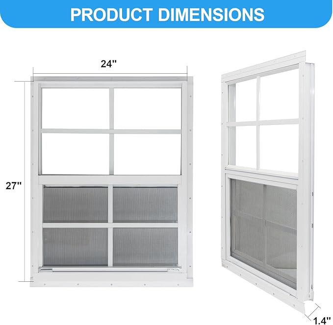 NeatiEase 2 Pack Shed Window, 24" x 27" Flush Mount Window with Tempered Glass and Fiberglass Screen for Shed, Chicken Coop, Playhouse, Household, Garage