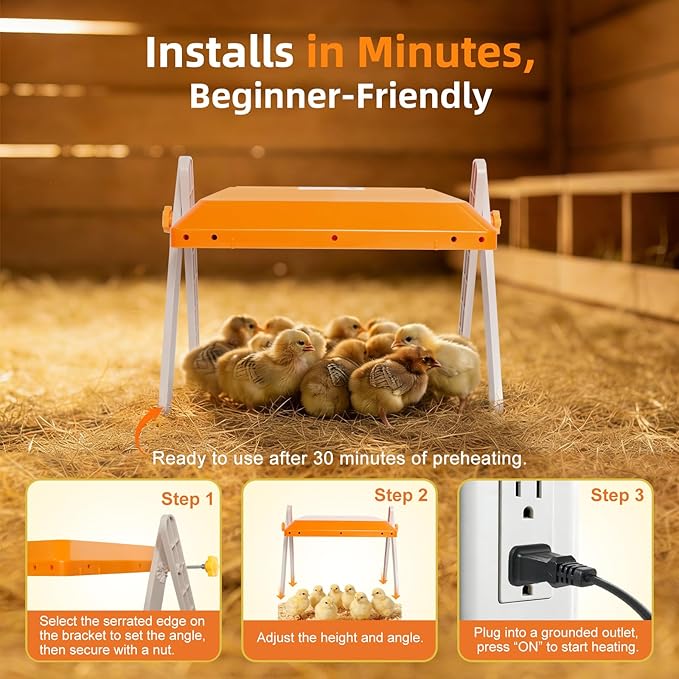 Chicken Coop Heater, Briidea 80W Chicken Heater with 110–130℉ Constant Heat, Energy-Efficient, Adjustable Height & Angle, 10 PET Cleaning Film, Mother-Hen-Like Comfort, 10" x 10" for 15 Small Poultry