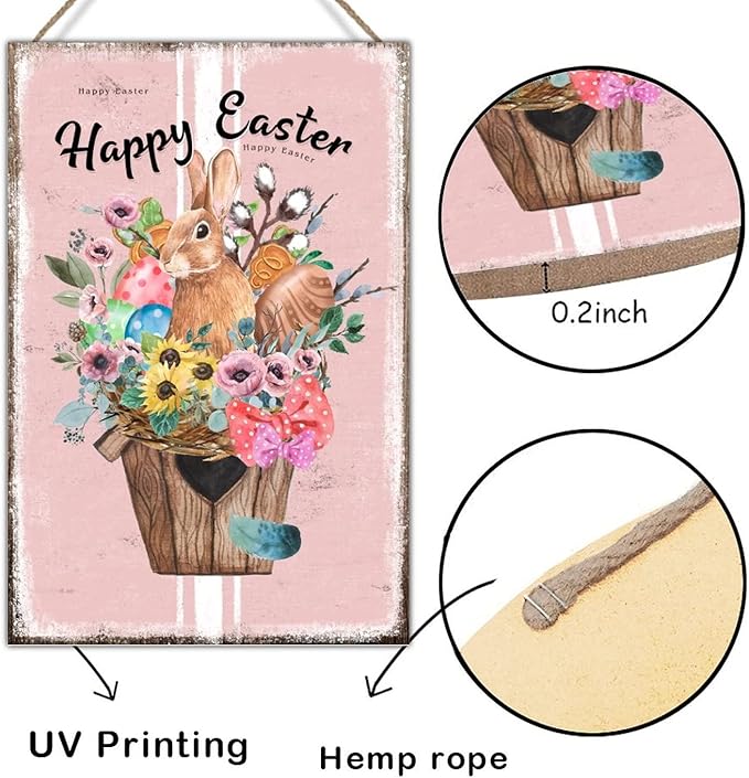 Happy Easter Flower Basket Bunny Wood Art Plaque French Style Floral Pink Stripes Sign Plaque Easter Eggs Farmhouse Bunny Wood Signs for Bedroom Kitchen Front Porch 8x12in
