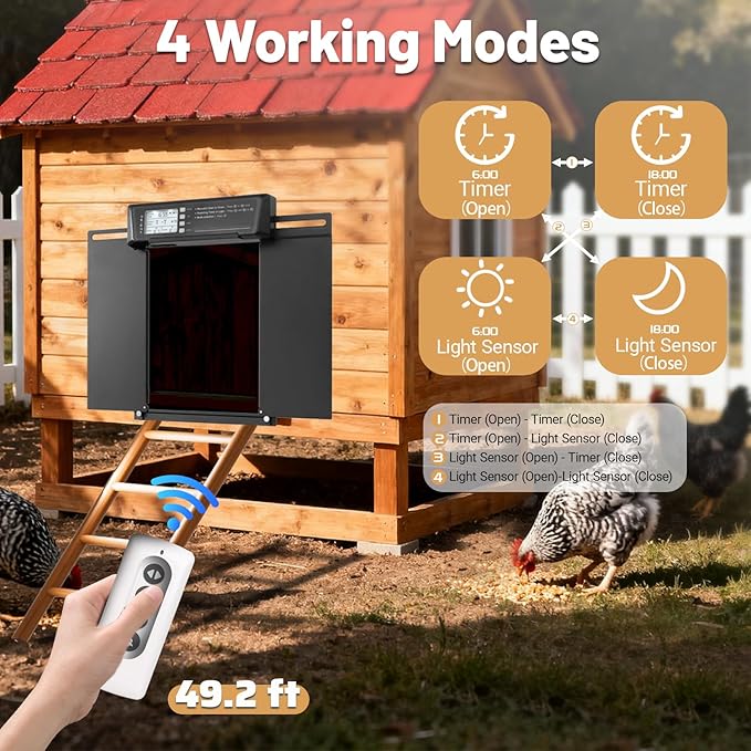 Automatic Chicken Coop Door Solar Powered | Chicken Coop Accessories Auto Chicken Door with LCD Display, 4 Working Modes, 7W High-Power Solar Panel & IP65 Waterproof