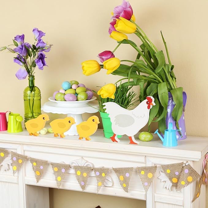 COCHIE Cute Wooden Chickens Decorations Indoor, Spring Farmhouse Chicks Blocks Tiered Tray Decor, Funny Wood Chicken for Home Table Desk Door Shelf (Set of 4)