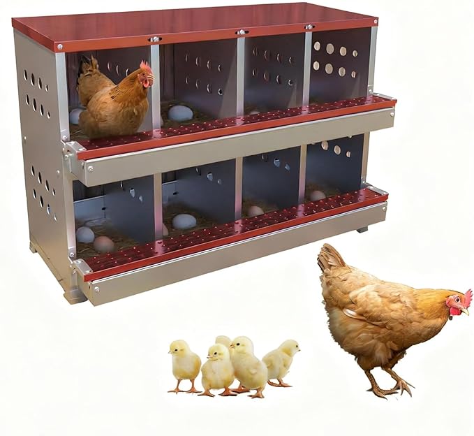Chicken Nesting Box for Laying Eggs, 8 Compartment Galvanized Steel Laying Boxes for Hens with Front Access Tray, Easy Wall Mount, Includes 8 Training Eggs