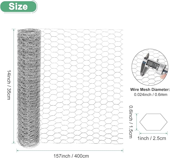Chicken Wire for Floral Arrangements, 14 x 157 in Galvanized Iron Hexagonal PVC Coated for Crafts/Poultry/Garden, Chicken Wire Netting Fence Mesh [Silver Tone]