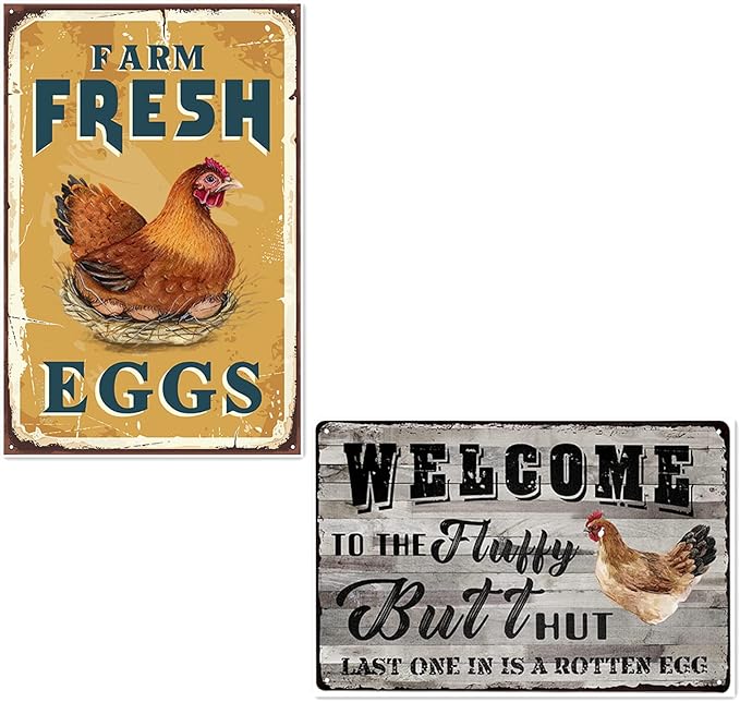 Funny Chicken Coop Metal Tin Sign - Farm Fresh Eggs Vintage Country Chicken Hen Rooster Tin Signs Farm Yard Decorative Signs 2Pcs 8x12Inch