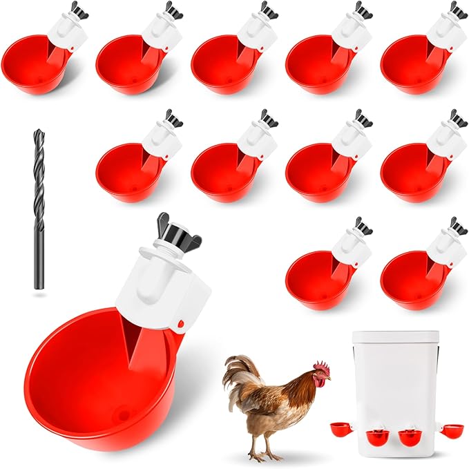 Chicken Water Cups 12 Pack, Automatic Filling Waterer Feeder Bowl, Gravity Poultry Watering System, Chicken Water Dispenser, Chicken Coop Accessories for Hens, Duck, Goose, Turkey (Red)