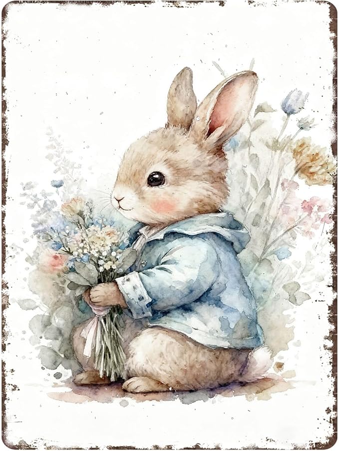 Easter Bunny Metal Tin Sign Wall Art Vintage Rustic for Home Living Room Garden Yard Outdoor Wall 12X16Inch
