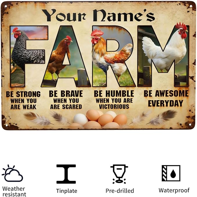 Custom Name Chicken Rooster Metal Tin Sign Personalized Farm Plaque Wall Art Vintage Rustic Decor Be Strong Be Brave Motivational Quote Barn Backyard Gift