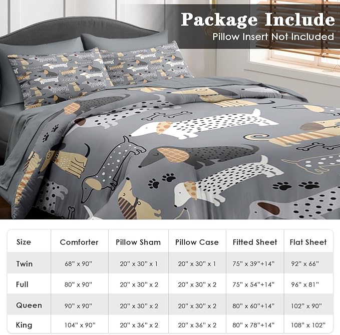 Comforter Set King Size, Cute Dog 7 Pcs Bedding for Kids and Adults, Animal Nursery Pet Bed Sheet Sets with Fitted Sheet 2 Pillowcases & 2 Shams for Bedroom Bed Decor