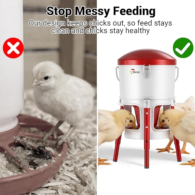 Chick Feeder with Adjustable Height,No Spill,Metal Poultry Feeder for Chicks 0-8 Weeks,30oz/2L Capacity,Tripod Stable Ground Feeder,3 Anti-Bully Ports,Easy Clean,Tool-Free Assembly