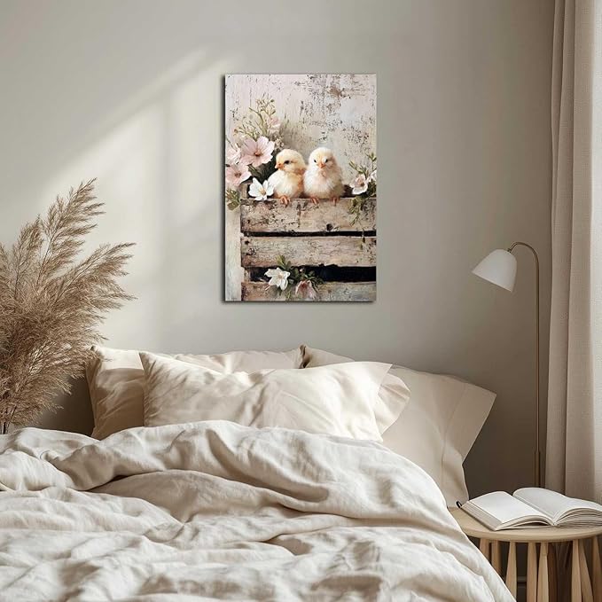 MNFGMH Farmhouse Easter Canvas Spring Chicks with Flowers Rustic Country Wall Art Spring Easter Wall Decoration Wooden Frame 8x12 inch